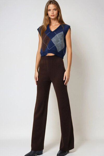 VAGGON Kadın Acı Kahve Yüksek Bel Beli Lastikli Triko Palazzo Pantolon Vs00973