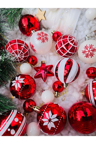 Derin Düşler Christmas Pine Tree Ornament Red and White Patterned Motif Ball Ornament 42 Pieces Multi Pack Ball Ornament