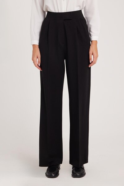 Tudors Women's Regular Fit Classic Cut Velcro Closure Wide Leg Black Trousers
