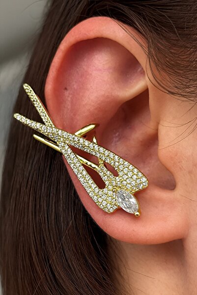 TAKIŞTIR Altın Renk Taş Detaylı 14K Altın Kaplama TX Kulak Aksesuarı (Tek)