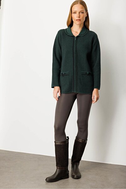 Desen Triko Women's Polo Neck Pocket Embroidered Wool Cardigan Green