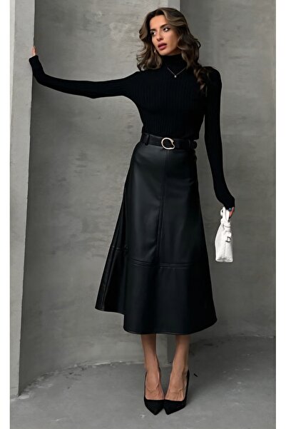 TOPSHOW Belted Plain Basic Faux Leather Skirt