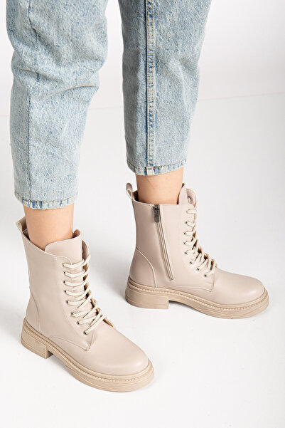 RİSSOLİ Γυναικείες μπότες με κορδόνια σε μπεζ δέρμα