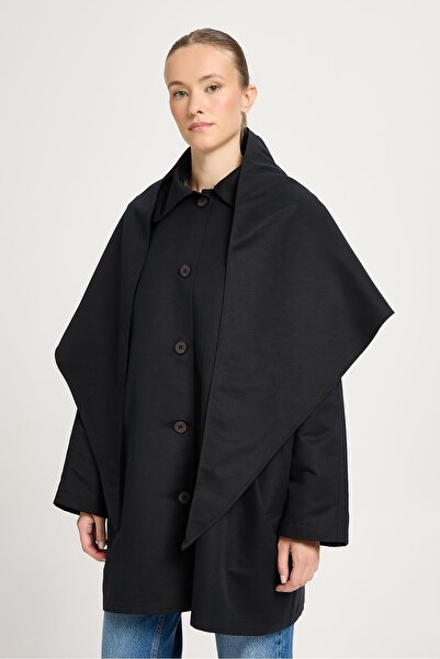 minaaise Women's Black Oversize Detachable Collar Lined Design Trench Coat 30009