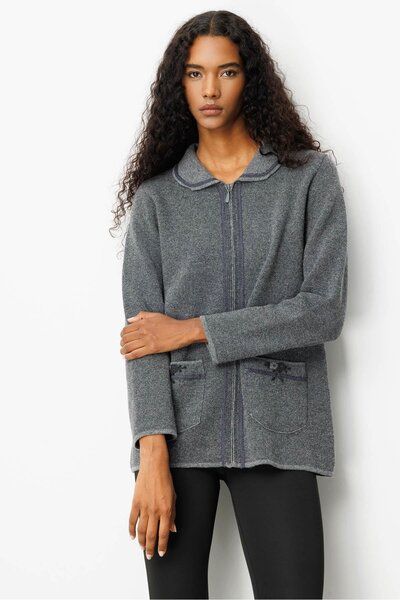 Desen Triko Women's Polo Neck Pocket Embroidered Wool Cardigan Smoked