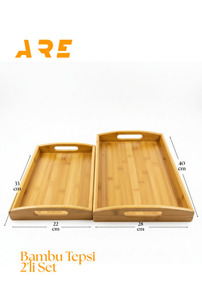ARE Bamboo Serving Tray Set of 2 – Natural Wood, Small 33X22 cm & Large 40X28 Cm, for Breakfast and Presentation