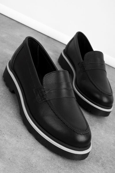 Lal Shoes & Bags Mia Women's Genuine Leather Stitching Detailed Thick Sole Loafer Shoes B4154-Black