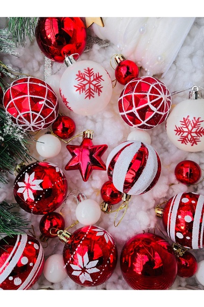 Derin Düşler Christmas Pine Tree Ornament Red and White Patterned Motif Ball Ornament 42 Pieces Multi Pack Ball Ornament