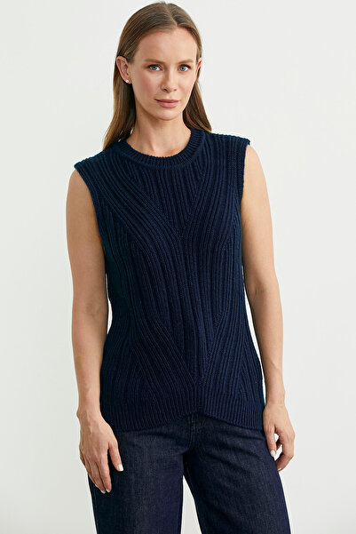 Sementa Long Back Crew Neck Wool Knit Sweater - Navy Blue