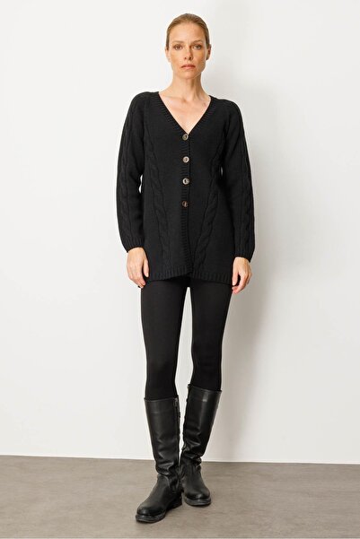 Desen Triko Women's V-Neck Hair Braided Long Wool Cardigan Black