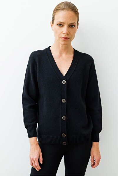 Desen Triko Women's V-Neck Short Wool Cardigan Black