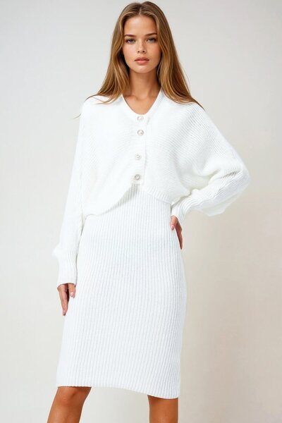 VAGGON Women's White Button Closure Crop Cardigan and Front Back V-Neck Corded Fabric Knitwear Dress Set Vs01005