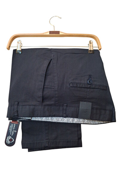 wontilotte Men's Cotton Lycra Navy Blue Gabardine Linen Trousers