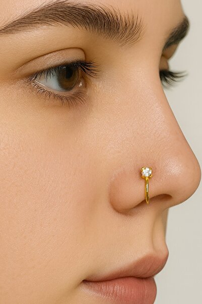 TAKIŞTIR Altın Renk Taş Detaylı Sıkıştırmalı Deliksiz Cerrahi Çelik Hızma Piercing (Tek)