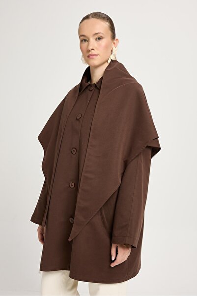 minaaise Kadın Kahve Oversize Seyyar Yakalı Astarlı Tasarım trençkot 30009