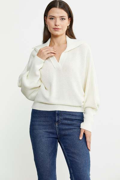 Sementa Batwing Sleeve Polo Neck Wool Knit Sweater - Bone