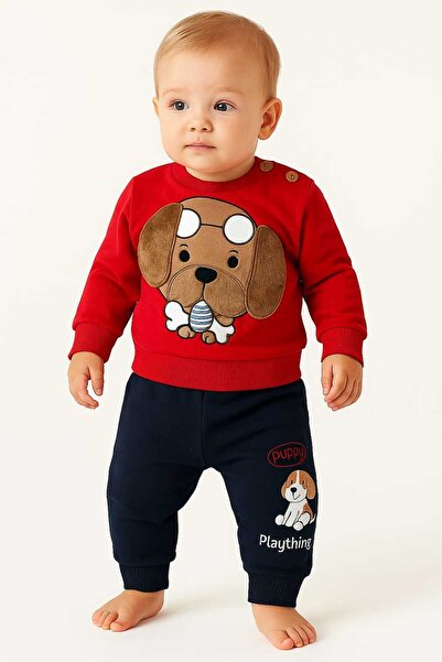 BabyBlue Baby Boy 2 Piece Set with Dog Figure Red Sweatshirt Pants 100% Cotton