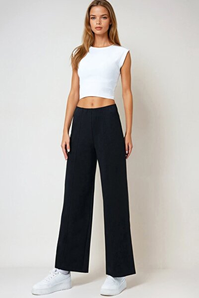 VAGGON Women's Black Elastic Waist Pocketless Palazzo Trousers Vs01027