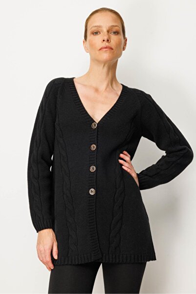 Desen Triko Women's V-Neck Hair Braided Long Wool Cardigan Black