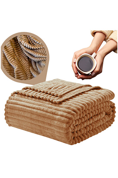 Other Brown Embossed Striped Blanket 200x220cm Plaid for Sofa Bed Warm Gift