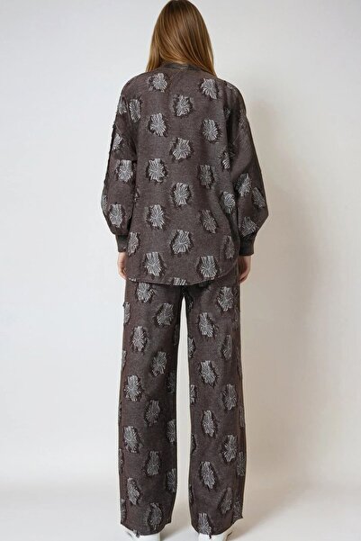 VAGGON Cămașă maro cu ciucuri supradimensionat și pantaloni cu talie elastică pentru femei, set dublu țesut Vs01007