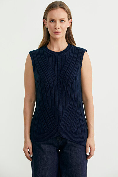 Sementa Long Back Crew Neck Wool Knit Sweater - Navy Blue