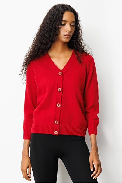 Desen Triko Women's V-Neck Short Wool Cardigan Dark Red