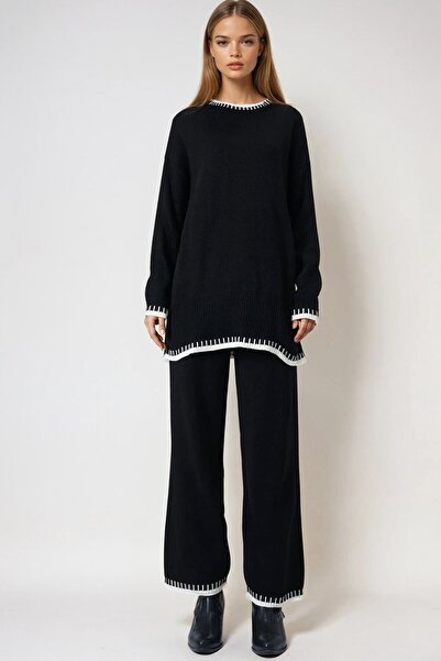 VAGGON Γυναικείο Σετ Πλεκτό Πουλόβερ και Παντελόνι με Μαύρο Αντίθετο Σχέδιο Vs00975
