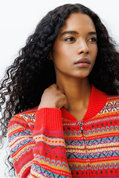 Desen Triko Women's Judge Collar Jacquard Wool Cardigan Coral