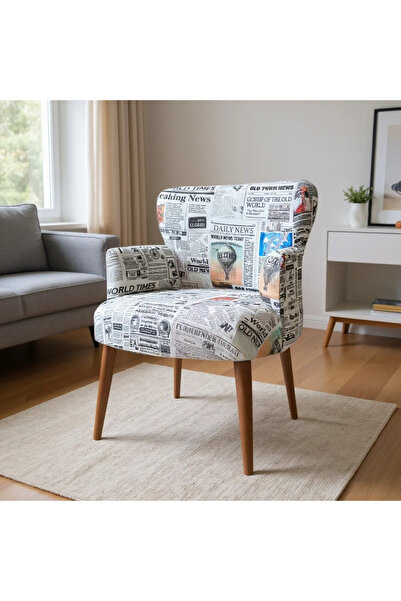 Azra Mobilya Roma Modern Tekli Koltuk Berjer - Dijital Baskılı Kumaş - Ahşap Ayak - Gazete Desen