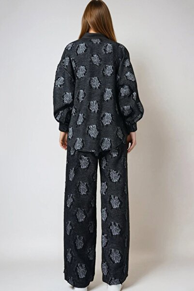 VAGGON Kadın Siyah Püsküllü Oversize Gömlek Ve Beli Lastikli Pantolon Dokuma İkili Takım Vs01007