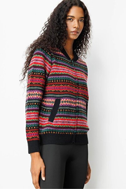 Desen Triko Cardigan de lână jacquard cu guler înalt pentru femei, negru