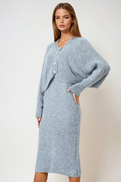 VAGGON Women's Gray Button Closure Crop Cardigan and Front Back V-Neck Corded Fabric Knitwear Dress Set Vs01005