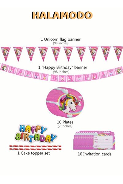 HALAMODO مجموعة لوازم حفلات أعياد الميلاد للفتيات على شكل وحيد القرن الوردي، مكونة من 139 قطعة