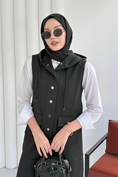 Modaensarbutik Yeleği Çıt Çıt Düğmeli Scuba Kumaş İkili Tesettür Takım-SİYAH