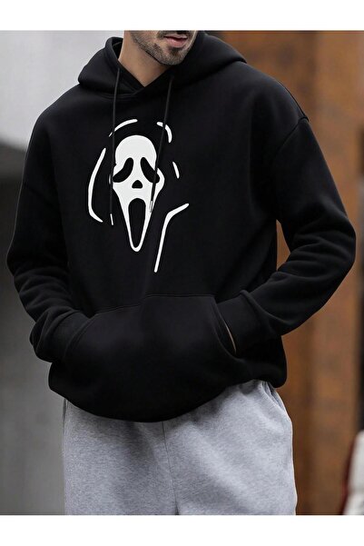 Afri supradimensionat Wide croială Manecă lungă cu glugă Swea tricou – Hanorac negru Ghost Mask cu imprimeu