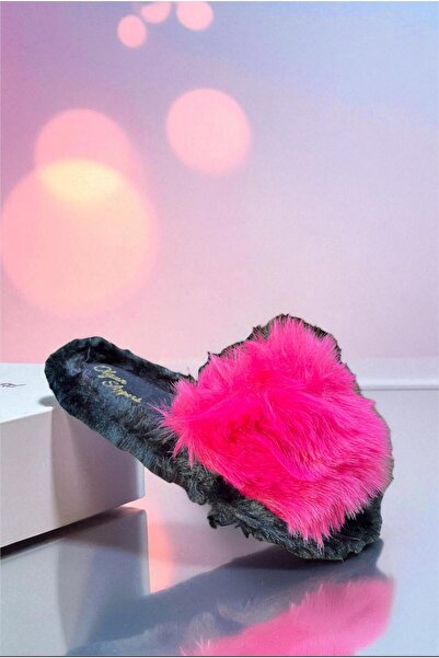 ALTUNTAŞ Indoor Plush Furry Winter Open-Front Eva Sole Gift Slippers Fuchsia