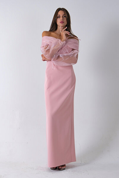 Feminist Organze Kol Detaylı Kayık Yaka Abiye Pudra 0801086