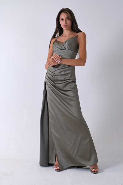 Feminist Gümüş Askı Detaylı Yırtmaçlı Straplez Abiye Haki 0801023