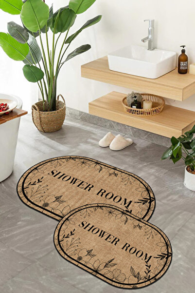 Emiroğlu Shower Room Yazılı Oval Yıkanabilir Kaymaz Taban 2'Lİ Banyo Halısı Seti ( 60 x 100 ve 40 x 60 Cm )