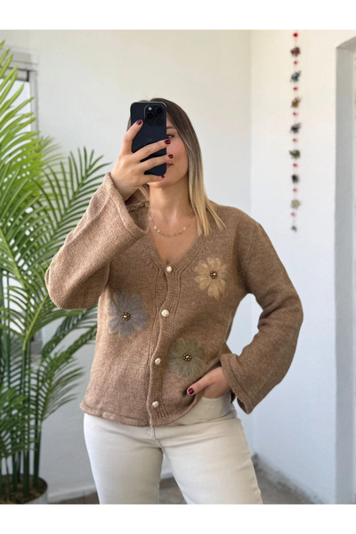 Kubos Moda Floral Detail Spanish Sleeve Coffee Women's Cardigan