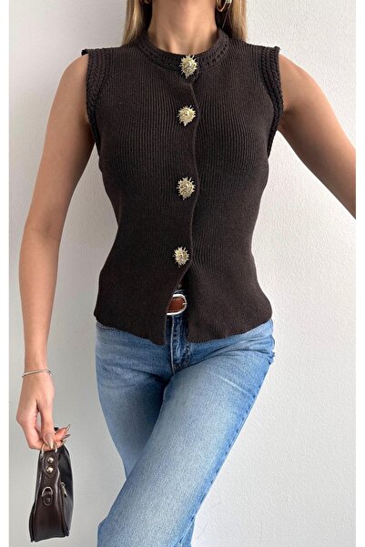 fujya Gold Buttoned Snap Fastener Knitwear Top Vest