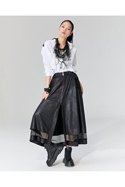 LAMANTE Önü Fermuarlı Deri File Detaylı Etek-s