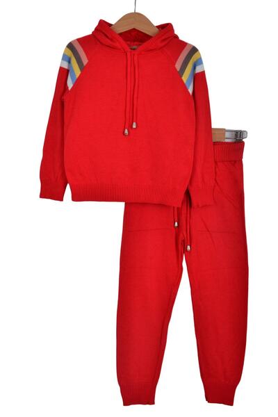 Minora Knitwear Unisex Hooded Stripe Detailed Set Red