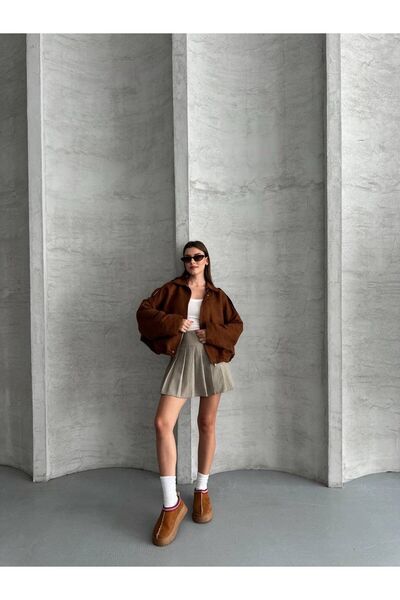 mylunessa Tan Color Crop Bomber Oversized Suede Jacket