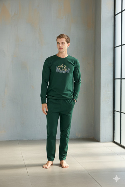 KLY Men's O-Neck Ribbed Pajama Set Comfortable Sleepwear