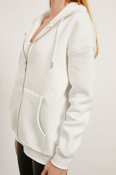 Arma Life Women's Zippered Hooded White Oversize Sweatshirt