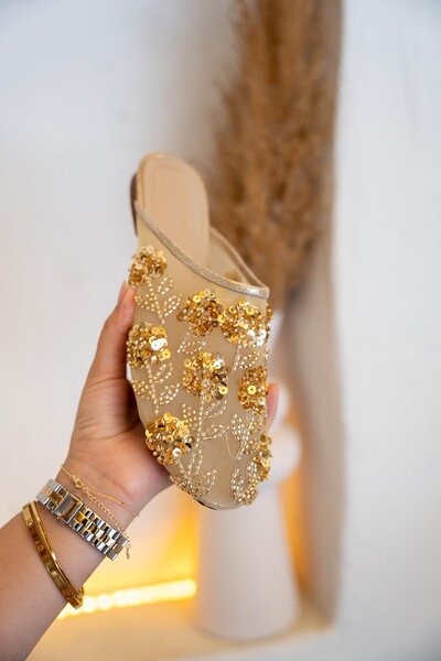 LamintaGlobal Lory Gold Bead Embroidered Mesh Women's Slippers