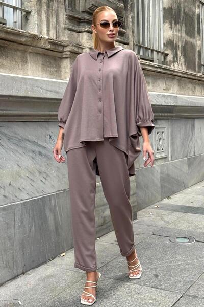 Keyifli Moda Women's Beige Shirt Collar Elastic Waist Double Set