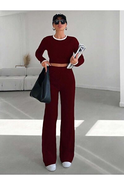 landoffashiontr Yaka ve Kol Garnili Bol Paça Pantolon Fitilli Kaşkorse Kadın ...